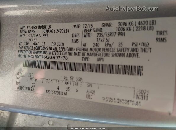 1FMCU0G76GUB97176 2016 FORD ESCAPE Серебряный Вид подкапотного пространства