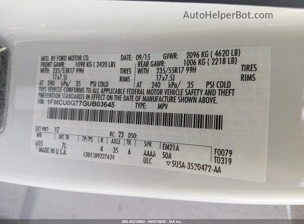 1FMCU0G77GUB03645 2016 FORD ESCAPE White Շարժիչի բաժամունքի տեսք
