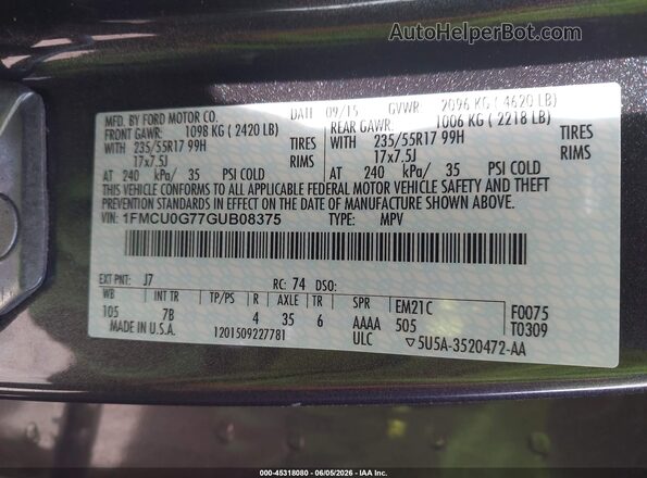 1FMCU0G77GUB08375 2016 FORD ESCAPE Gray 