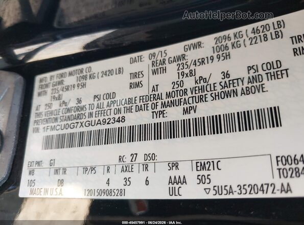 1FMCU0G7XGUA92348 2016 FORD ESCAPE Black Widok komory silnika