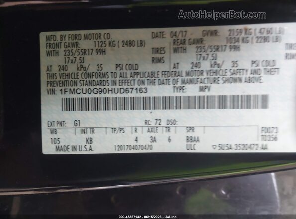 1FMCU0G90HUD67163 2017 FORD ESCAPE Black Շարժիչի բաժամունքի տեսք