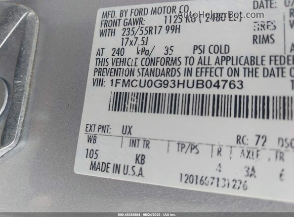 1FMCU0G93HUB04763 2017 FORD ESCAPE Silver Շարժիչի բաժամունքի տեսք