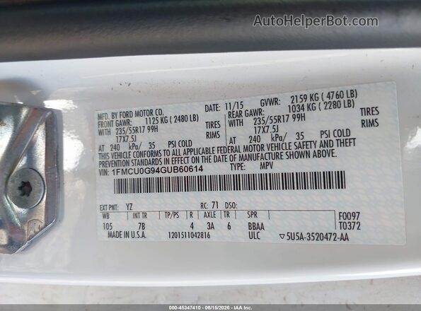 1FMCU0G94GUB60614 2016 FORD ESCAPE White ძრავის განყოფილების ხედი