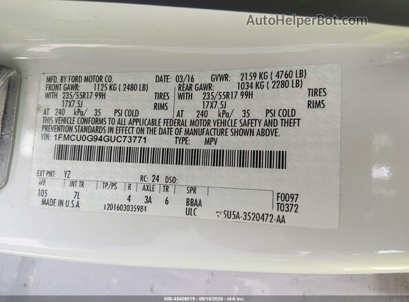 1FMCU0G94GUC73771 2016 FORD ESCAPE White Widok komory silnika