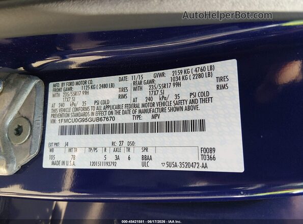 1FMCU0G95GUB67670 2016 FORD ESCAPE Blue 