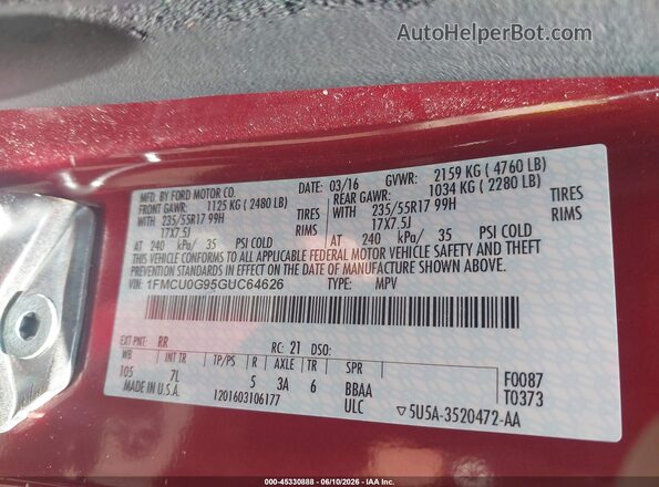 1FMCU0G95GUC64626 2016 FORD ESCAPE Red ძრავის განყოფილების ხედი