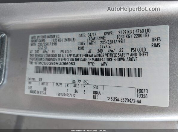 1FMCU0G95HUD66963 2017 FORD ESCAPE Silver Вид підкапотного простору