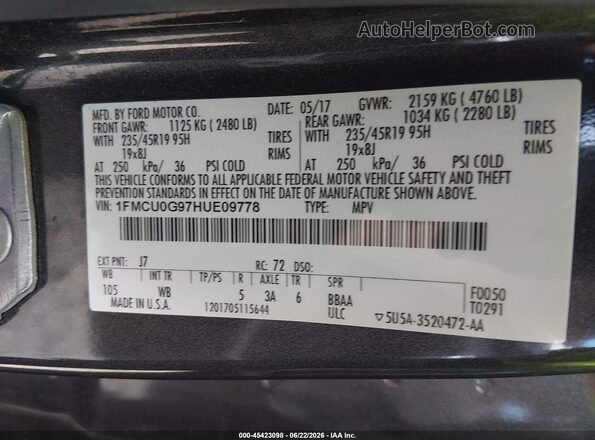 1FMCU0G97HUE09778 2017 FORD ESCAPE Gray Вид підкапотного простору