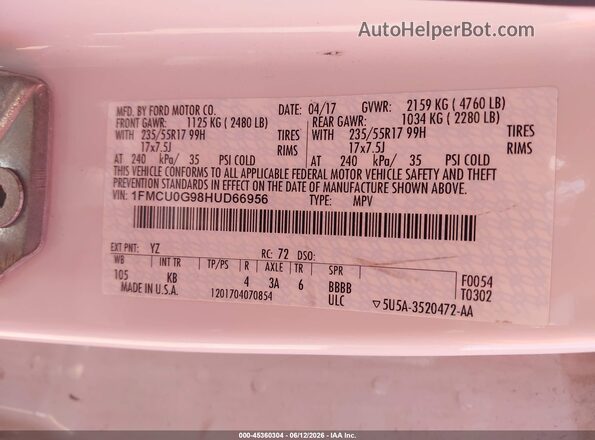 1FMCU0G98HUD66956 2017 FORD ESCAPE White Vista del compartimento del motor