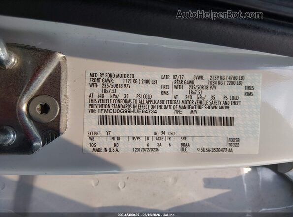 1FMCU0G99HUE64734 2017 FORD ESCAPE White Vista del compartimento del motor