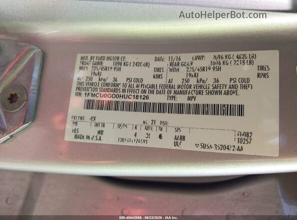 1FMCU0GD0HUC18126 2017 FORD ESCAPE Silver Vista del compartimento del motor