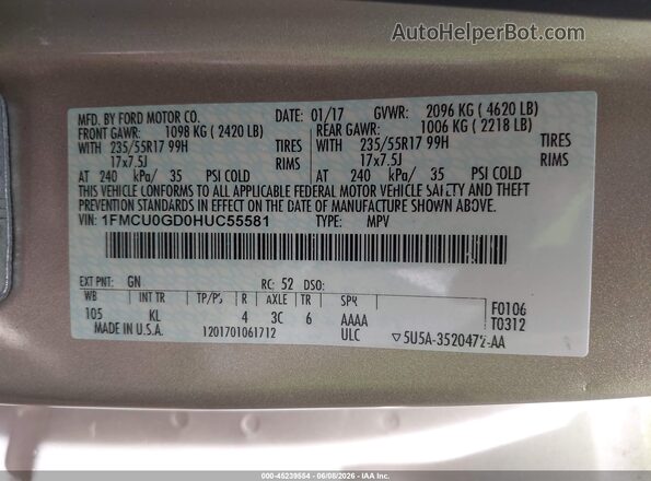 1FMCU0GD0HUC55581 2017 FORD ESCAPE Beige 