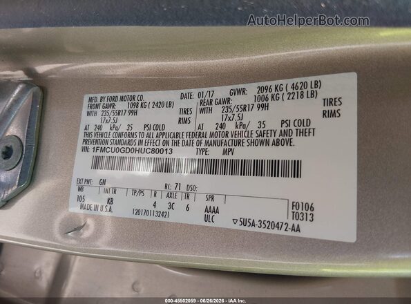 1FMCU0GD0HUC80013 2017 FORD ESCAPE Gold Engine compartment view