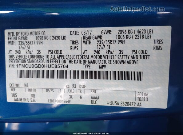 1FMCU0GD0HUE85704 2017 FORD ESCAPE Blue Շարժիչի բաժամունքի տեսք