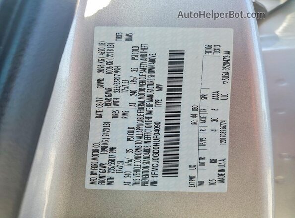 1FMCU0GD0HUF04090 2017 FORD ESCAPE Silver Widok naklejki z numerem VIN
