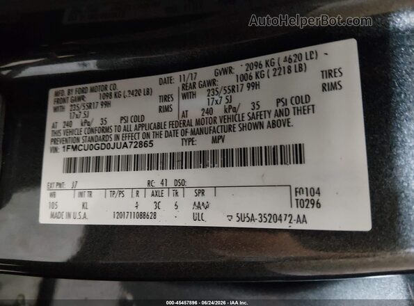 1FMCU0GD0JUA72865 2018 FORD ESCAPE Gray Շարժիչի բաժամունքի տեսք