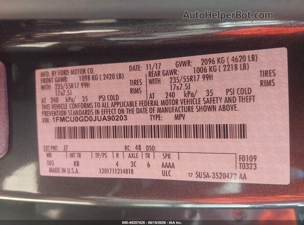 1FMCU0GD0JUA90203 2018 FORD ESCAPE Gray Engine compartment view
