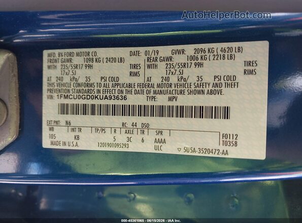 1FMCU0GD0KUA93636 2019 FORD ESCAPE Синий Вид подкапотного пространства