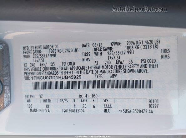 1FMCU0GD1HUB45929 2017 FORD ESCAPE White Շարժիչի բաժամունքի տեսք