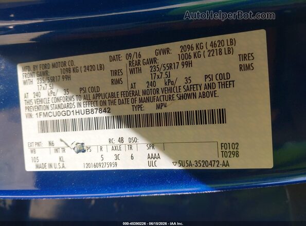 1FMCU0GD1HUB87842 2017 FORD ESCAPE Blue 