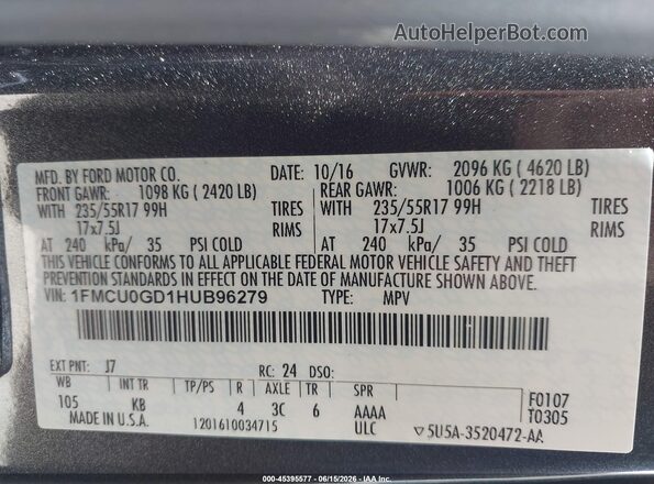 1FMCU0GD1HUB96279 2017 FORD ESCAPE Gray 