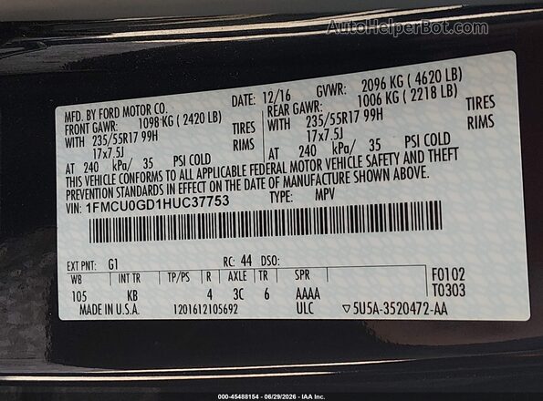 1FMCU0GD1HUC37753 2017 FORD ESCAPE Black Engine compartment view