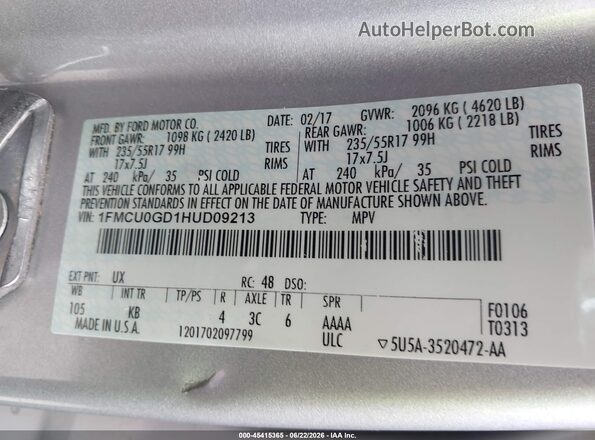 1FMCU0GD1HUD09213 2017 FORD ESCAPE Silver Engine compartment view