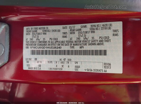 1FMCU0GD1HUD26240 2017 FORD ESCAPE Red 