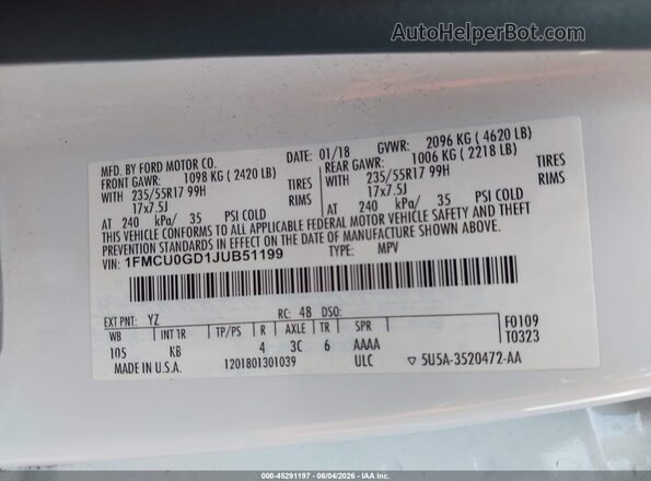 1FMCU0GD1JUB51199 2018 FORD ESCAPE White Engine compartment view