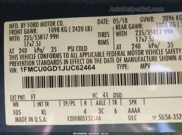 1FMCU0GD1JUC62464 2018 FORD ESCAPE Синий Вид подкапотного пространства