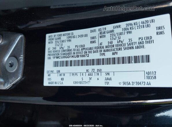 1FMCU0GD1KUB10072 2019 FORD ESCAPE Синий Вид подкапотного пространства
