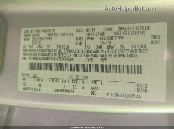 1FMCU0GD1KUB93924 2019 FORD ESCAPE Silver Widok komory silnika
