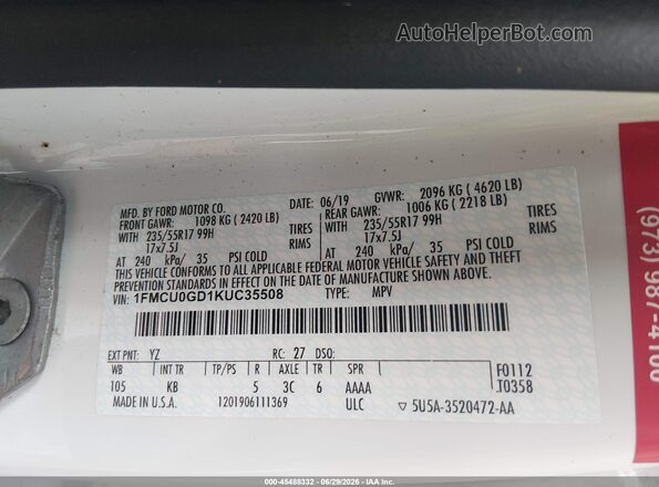 1FMCU0GD1KUC35508 2019 FORD ESCAPE Белый Вид подкапотного пространства