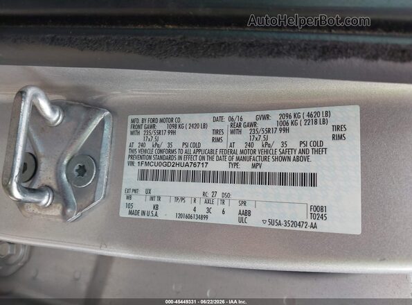 1FMCU0GD2HUA76717 2017 FORD ESCAPE Silver Շարժիչի բաժամունքի տեսք