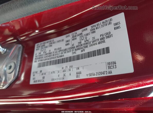 1FMCU0GD2HUC50981 2017 FORD ESCAPE Red ძრავის განყოფილების ხედი