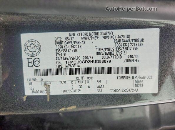1FMCU0GD2HUD88679 2017 FORD ESCAPE Gray Widok wnętrza 360 stopni