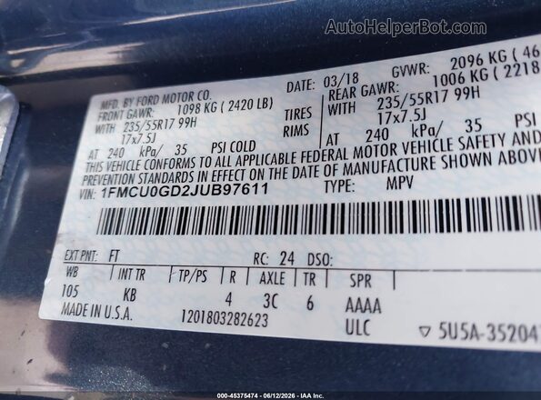 1FMCU0GD2JUB97611 2018 FORD ESCAPE Blue Շարժիչի բաժամունքի տեսք