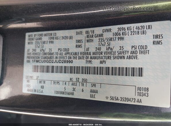 1FMCU0GD2JUD28990 2018 FORD ESCAPE Gray Շարժիչի բաժամունքի տեսք