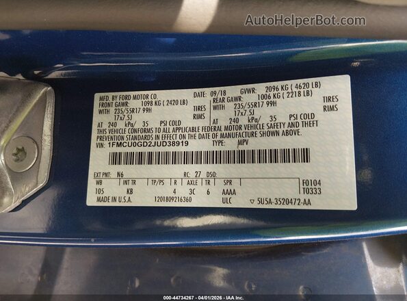 1FMCU0GD2JUD38919 2018 FORD ESCAPE Blue VIN կոդի պիտակի տեսք