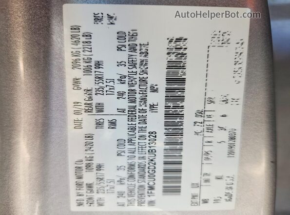 1FMCU0GD2KUB13028 2019 FORD ESCAPE Silver VIN կոդի պիտակի տեսք