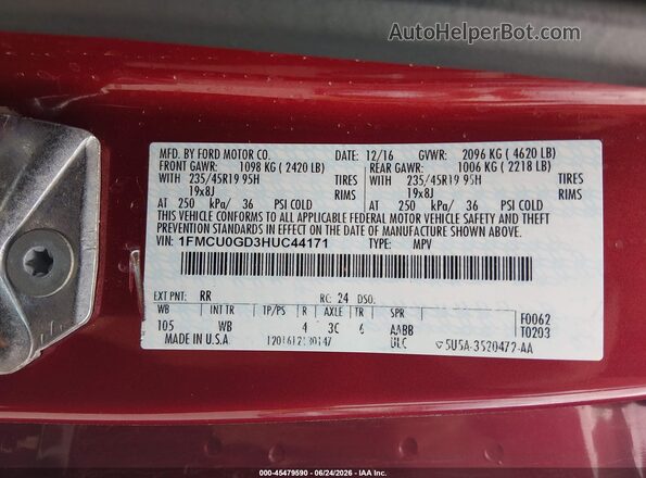 1FMCU0GD3HUC44171 2017 FORD ESCAPE Красный Вид подкапотного пространства