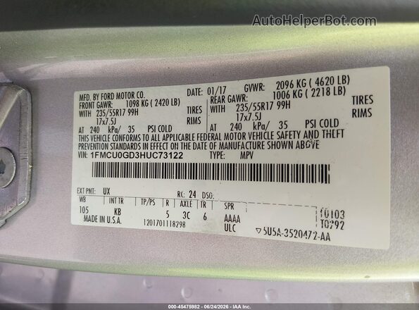 1FMCU0GD3HUC73122 2017 FORD ESCAPE Серебряный Вид подкапотного пространства