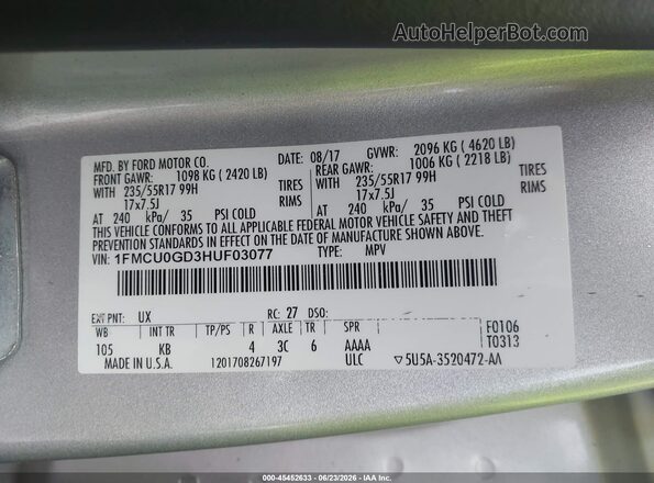 1FMCU0GD3HUF03077 2017 FORD ESCAPE Silver Вид підкапотного простору