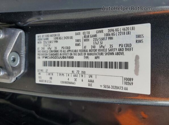 1FMCU0GD3JUB61880 2018 FORD ESCAPE Gray Вид наклейки з VIN-кодом