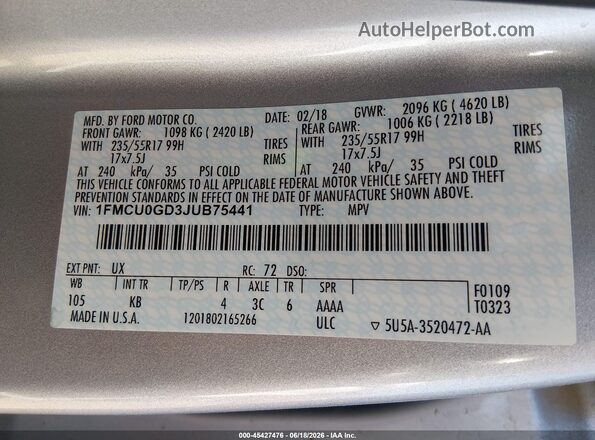 1FMCU0GD3JUB75441 2018 FORD ESCAPE Silver Շարժիչի բաժամունքի տեսք