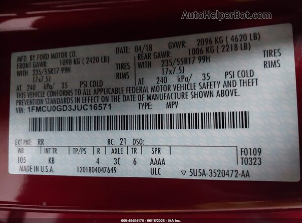 1FMCU0GD3JUC16571 2018 FORD ESCAPE Red 