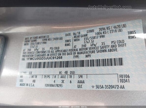 1FMCU0GD3JUC91268 2018 FORD ESCAPE Silver 