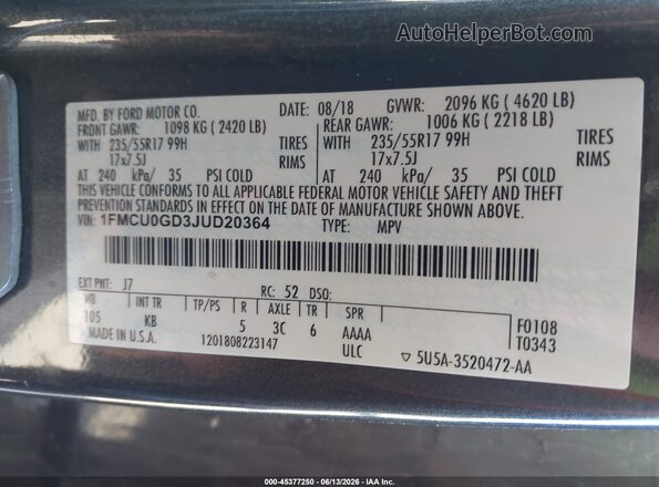 1FMCU0GD3JUD20364 2018 FORD ESCAPE Gray 