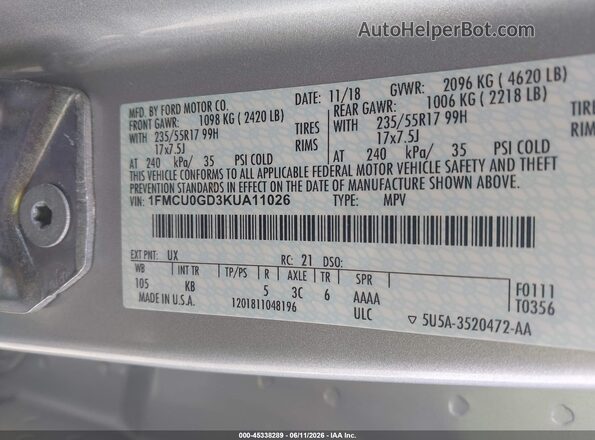 1FMCU0GD3KUA11026 2019 FORD ESCAPE Silver 