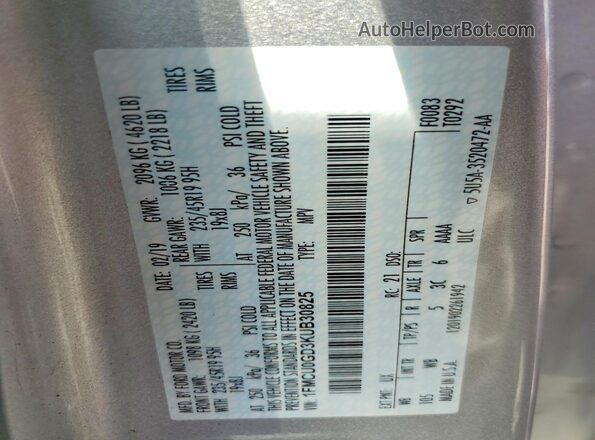 1FMCU0GD3KUB30825 2019 FORD ESCAPE Серебряный Панорамный вид салона 360°